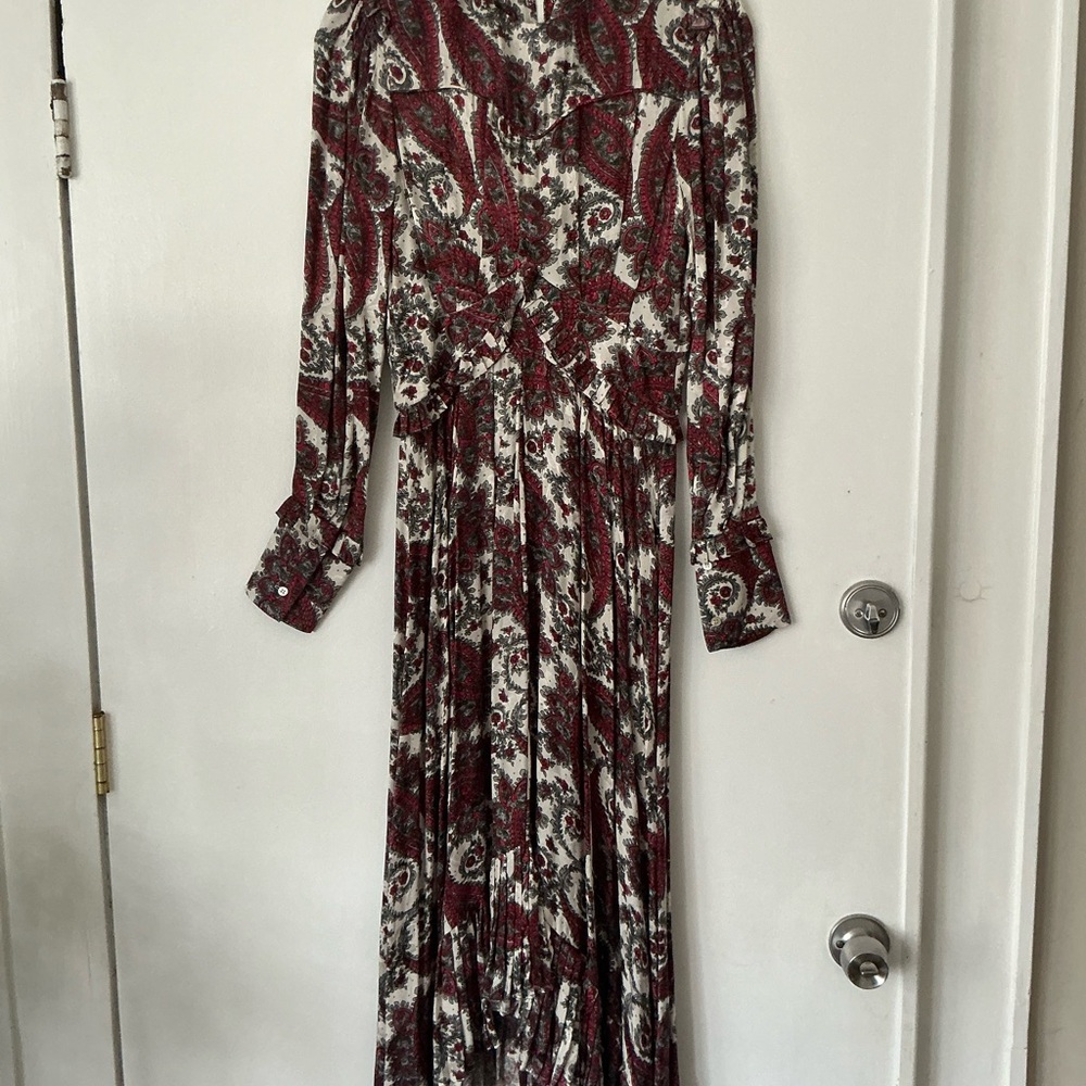 Isabel Marant Red and White Long-Sleeve Paisley Maxi Dress